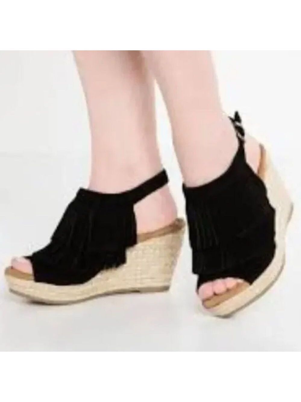 Minnetonka Ashley Sue Fringe Suede Leather Espadrille Wedge Sandals
